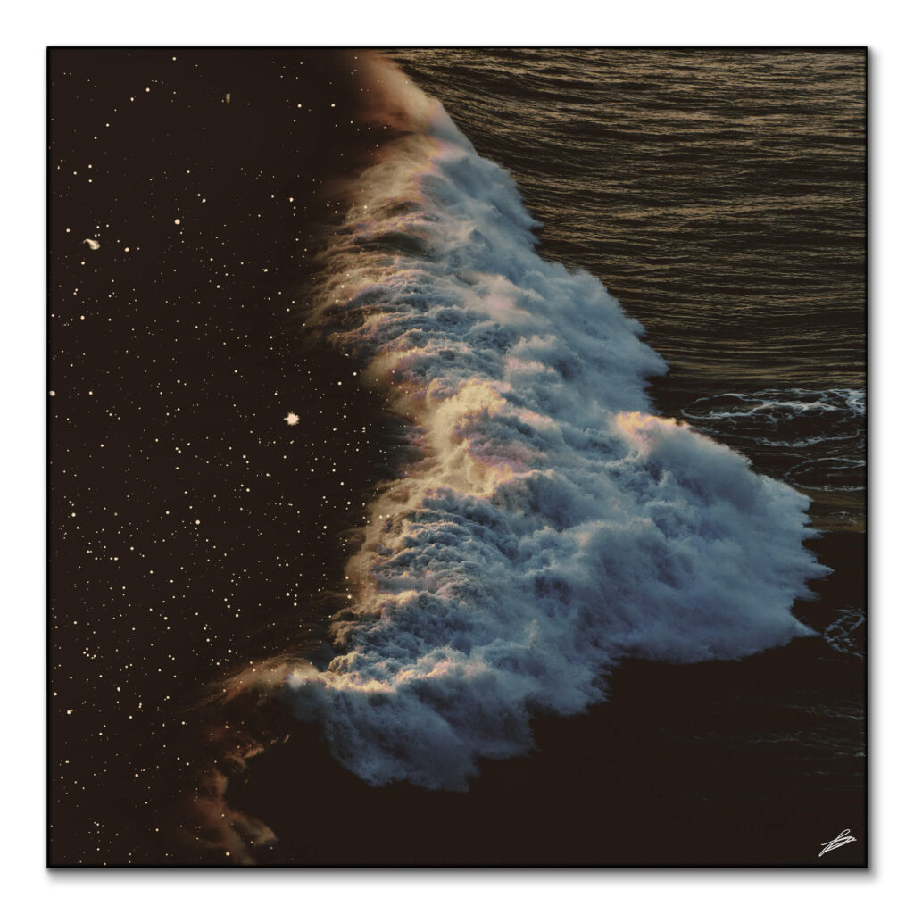 Surreal collage by Fran Rodriguez depicting ocean waves blending into a starry sky, creating a cosmic ocean effect.