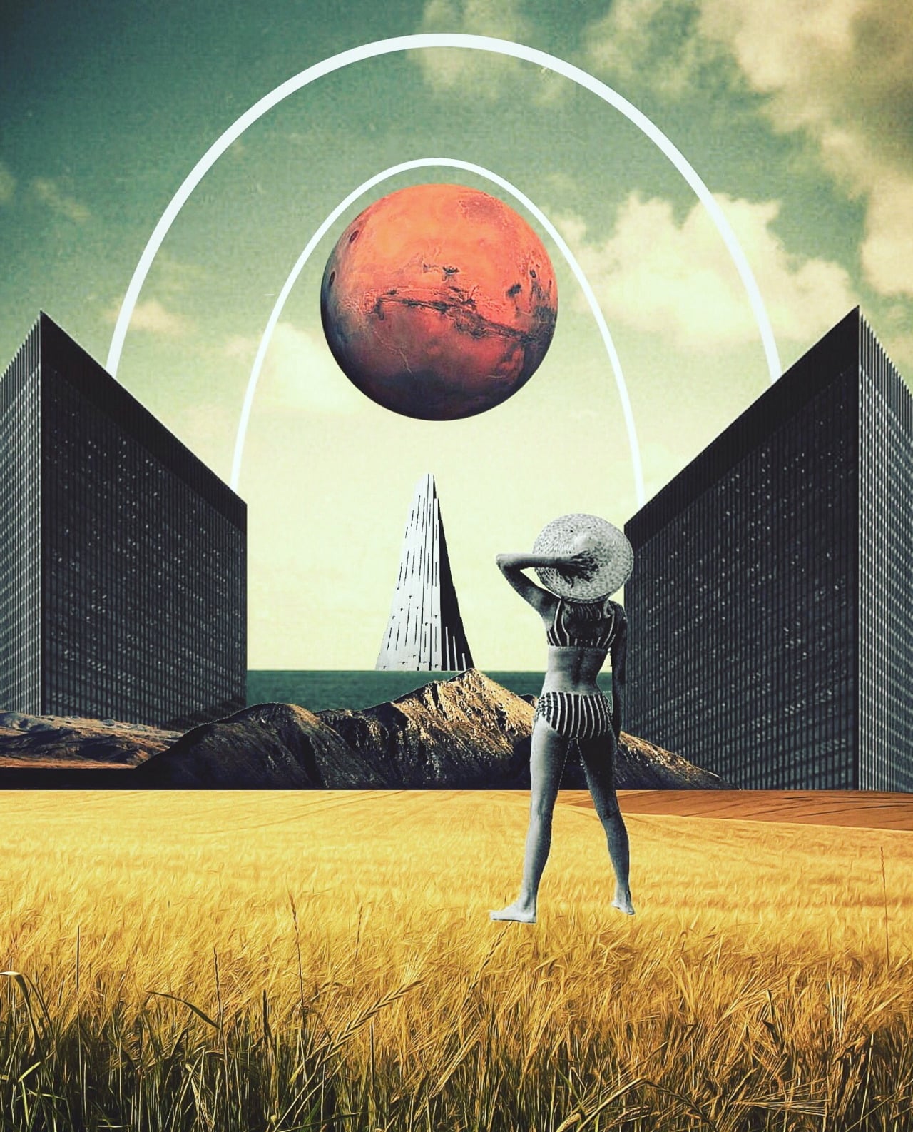 A retro photo collage of a woman looking up up at Mars from a field