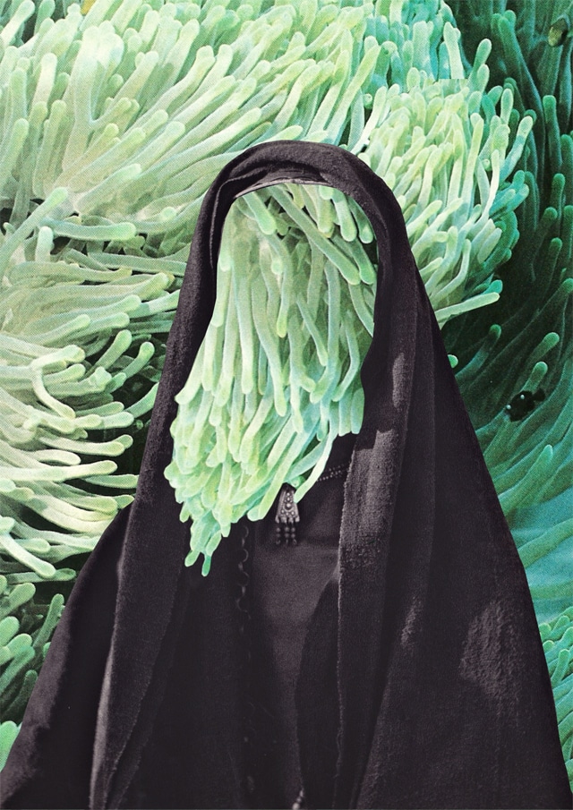 Sea anemone behind a cloaked figure and protruding hole in the cloaks face